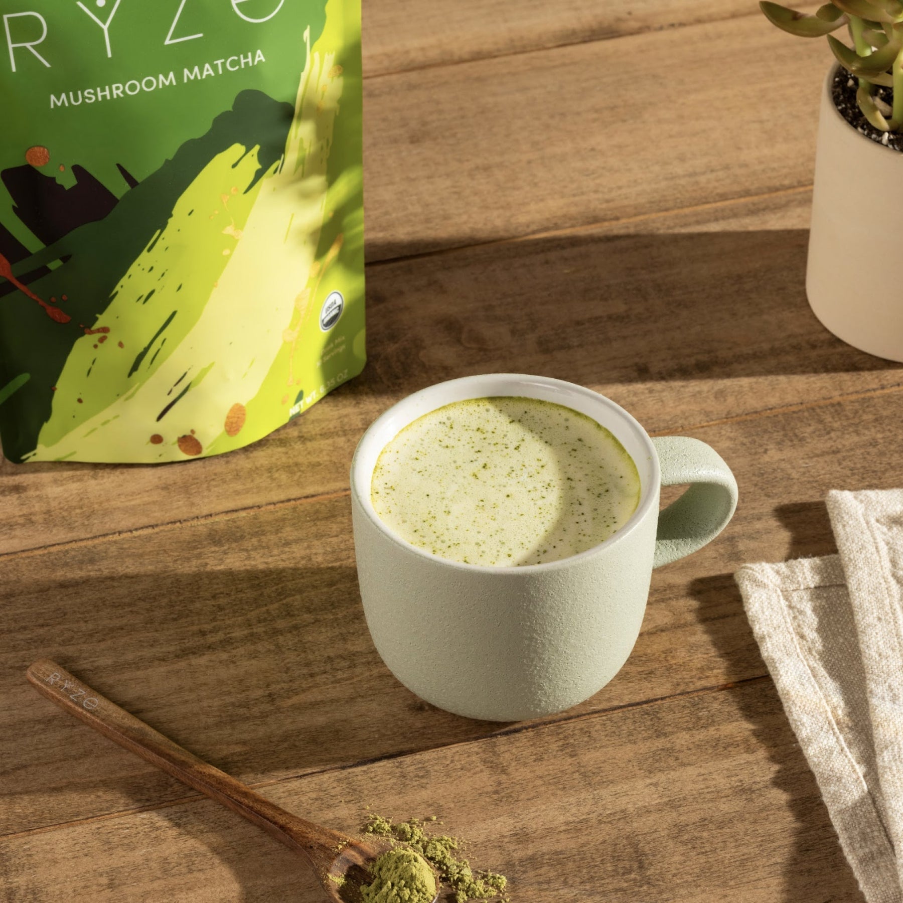 RYZE Mushroom Matcha — Organic Instant Matcha Latte with Lion's Mane & King Trumpet, 30 Servings